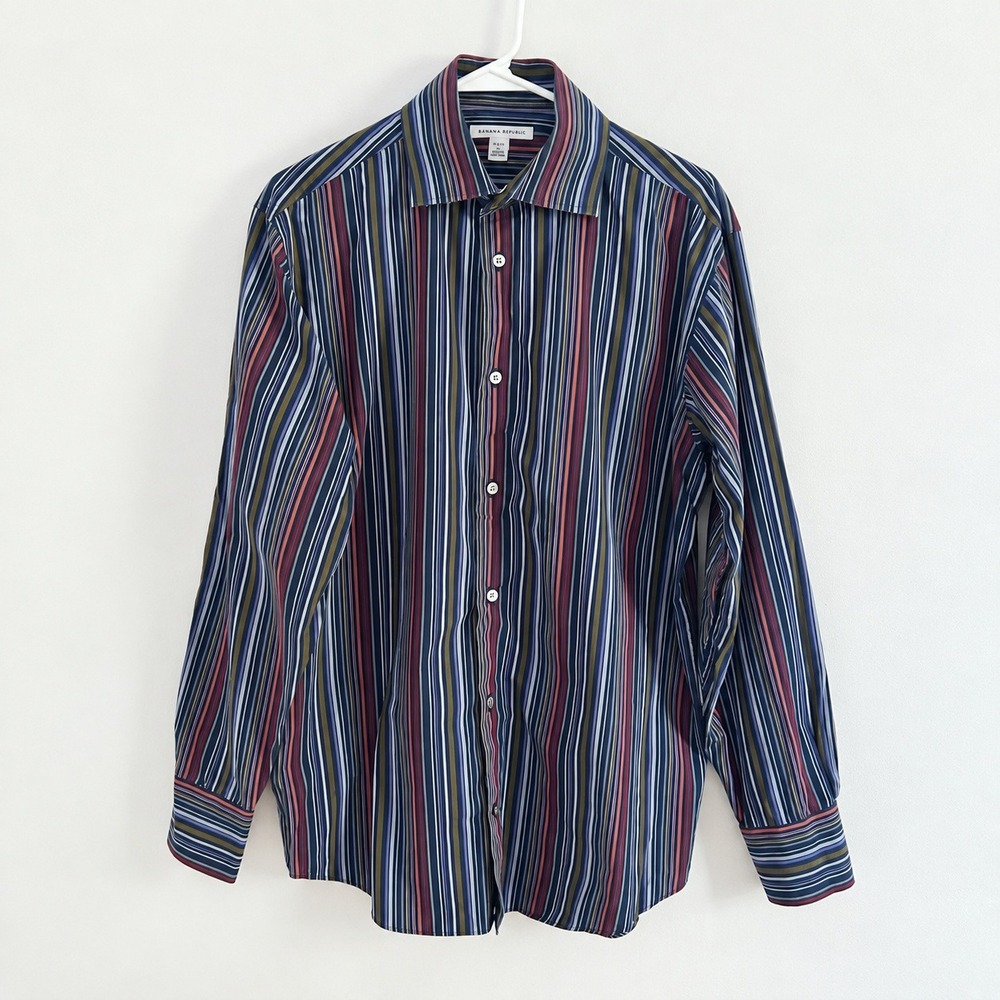 Banana Republic Mens Button Front Navy Multicolor Striped Cotton Shirt Large
